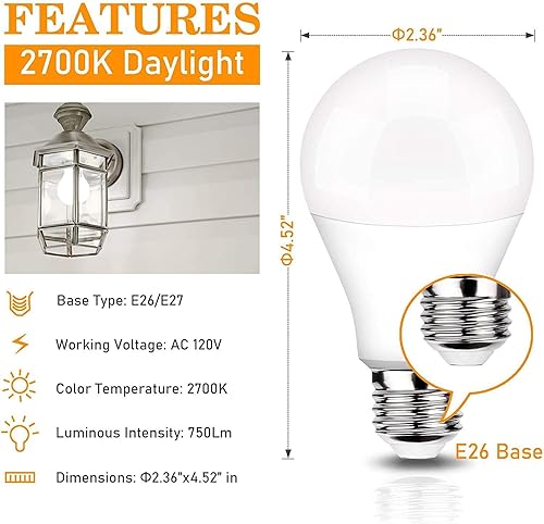 Paquete de 2 bombillas con sensor de movimiento, 7 W (equivalente a 60 vatios) E26 activadas por movimiento, bombilla de seguridad del atardecer al