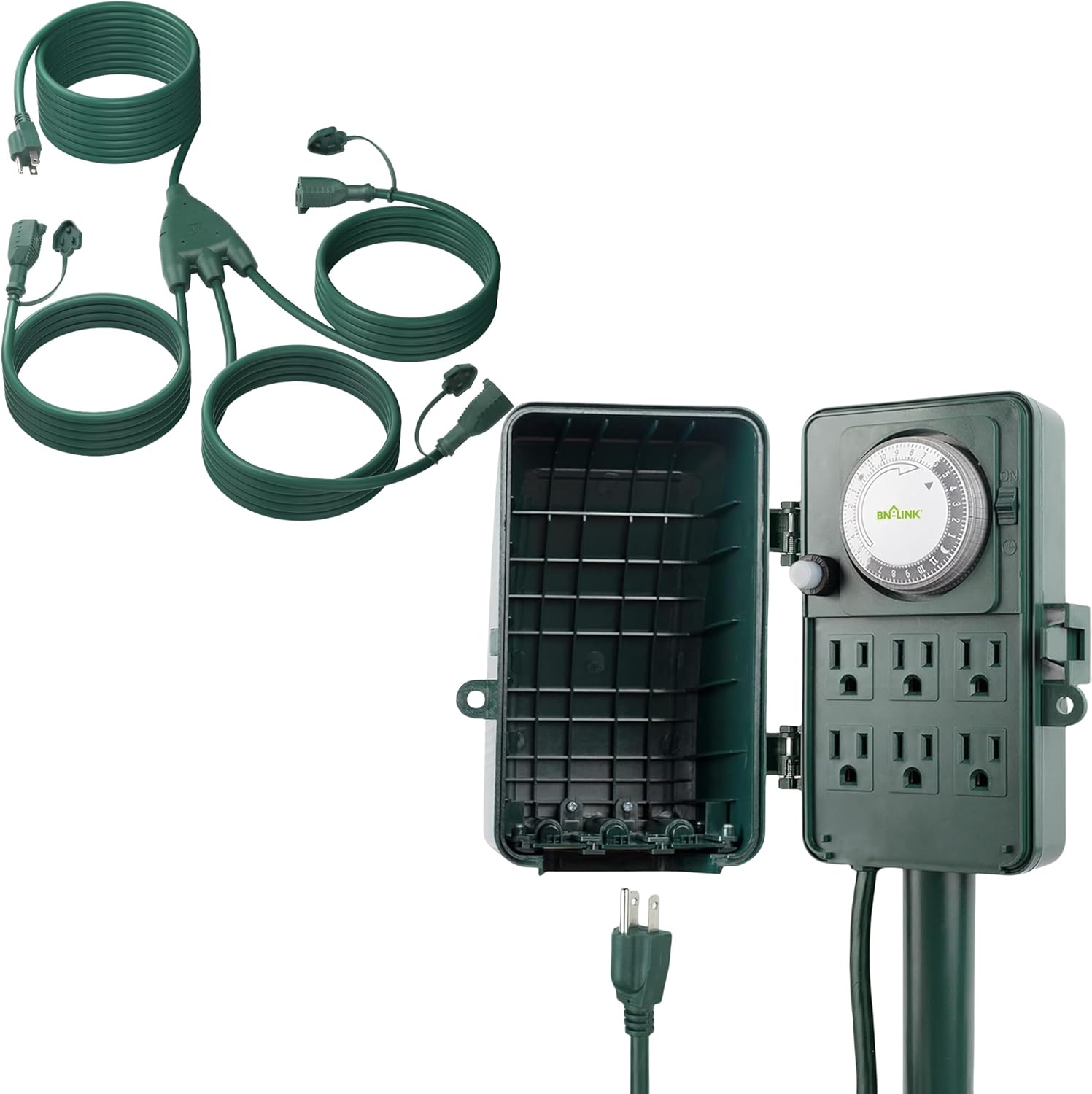 BN-LINK Outdoor Mechanical Power Stake Timer & Extension Cord 1 to 3 Splitter, Max 24 ft Extension(36 ft Total), Weatherproof 16/3 SJTW Power Cord for Christmas & Halloween