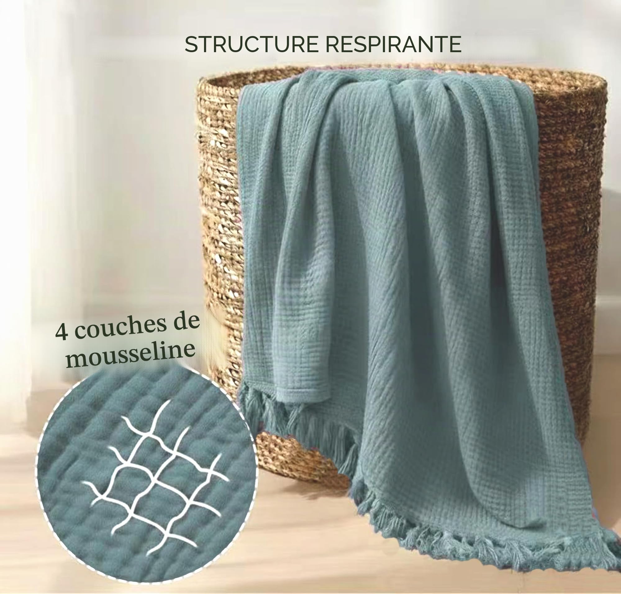 KyraHome Couverture en Mousseline 100% Coton Bio pour canapé, Adulte, prélavée, Teinture végétale, Respirante, légère, en Gaze Douce pour Femme, Toutes Saisons, 140 x 152 cm, Bleu Ardoise