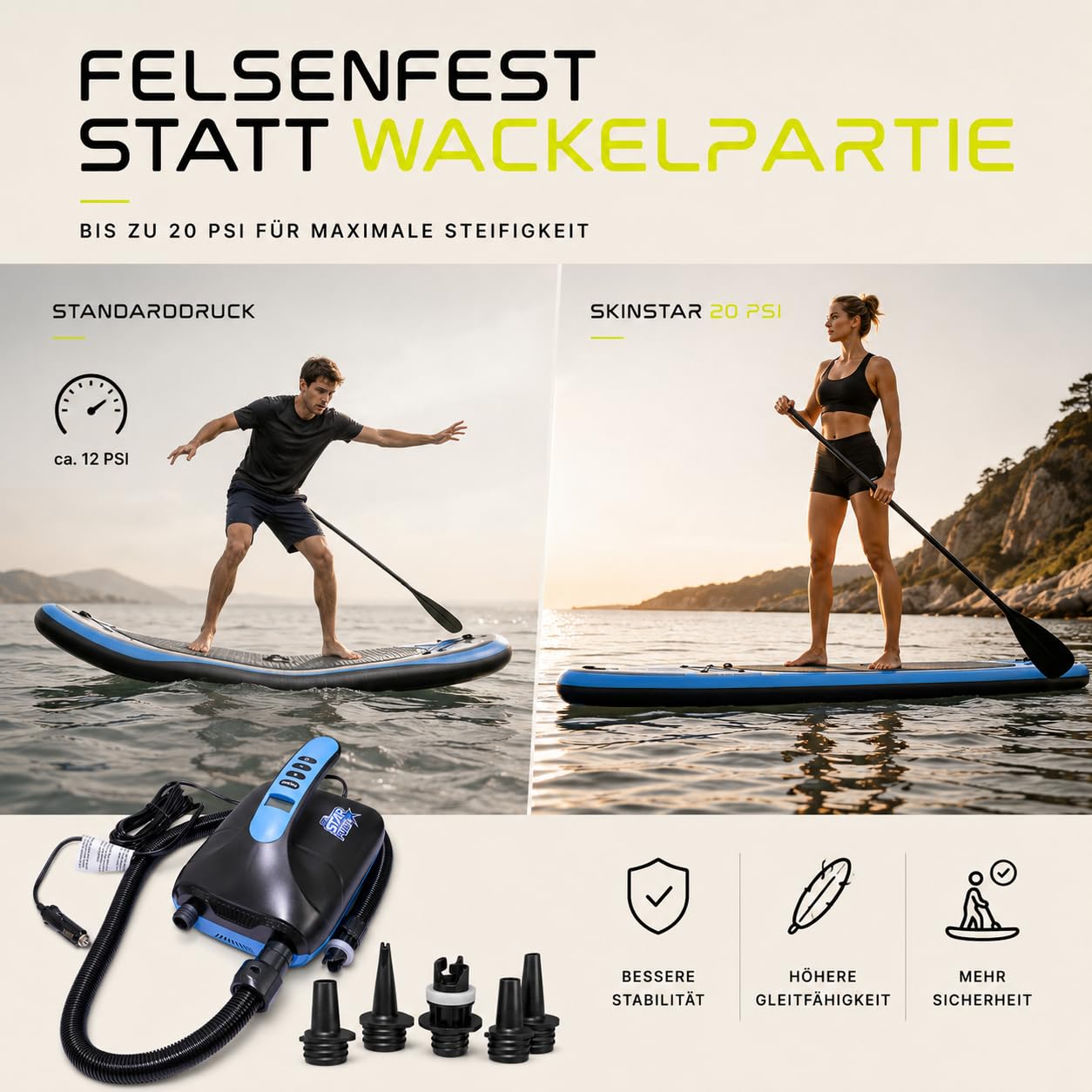 SkinStar elektrische SUP Board Pumpe Luftpumpe Kompressor Stand Up Paddle | Bis 20 PSI, automatischer Stopp, 2-Stufen-System, Abpumpfunktion, 12V Autoadapter 2,75 m, 5 Adapter, deutsche Marke