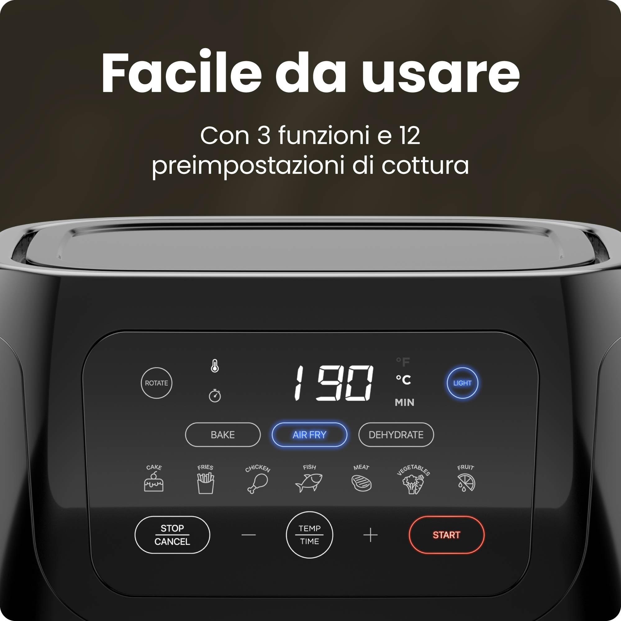 Chefman Friggitrice Digitale Multifunzionale, Girarrosto, Disidratatore, Forno a Convezione, 17 Preselezioni Touch-Screen, Friggere, Arrostire, Spegnimento Automatico, Formato Famiglia XL 10 L, Nero