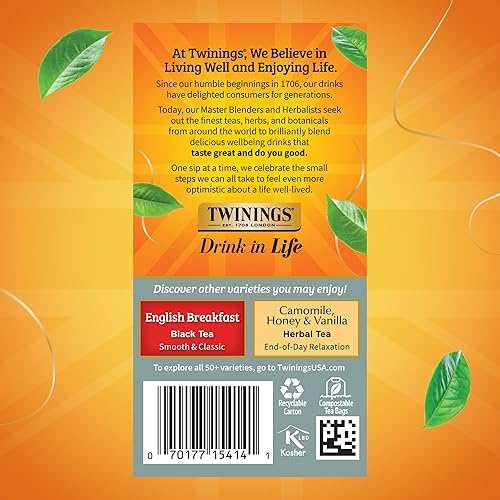 Vista 224 de Twinings, Pure Green Tea - Té verde con sabor suave y aroma atractivo con cafeína, disfruta caliente o helado, bolsas de té individuales