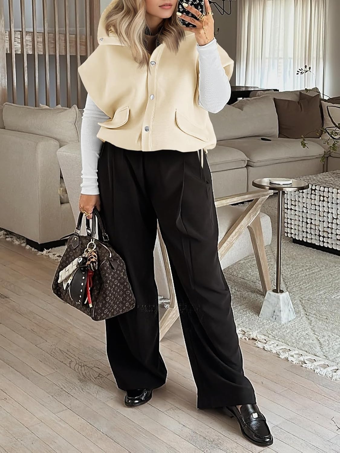 Cicy Bell Womens Fall Oversized Vest Cropped Button Down Cap Sleeve Lapel Collar Jackets Casual Drawstring Outerwear - Image 6