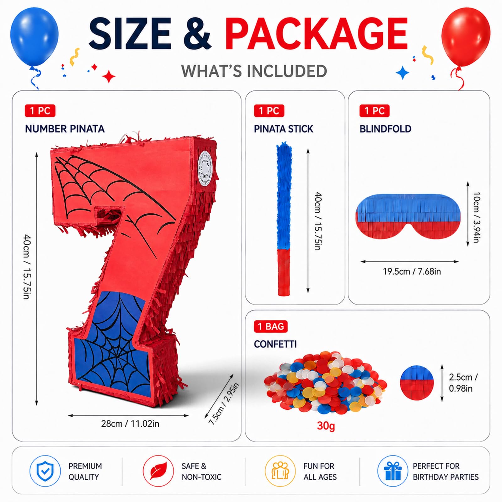 Piñata d'anniversaire numéro 7 pour enfants, thème araignée, 40,6 cm, avec bâton, bandeau et confettis, décoration de fête de super-héros pour garçons et filles (SPD-A1-7TH)