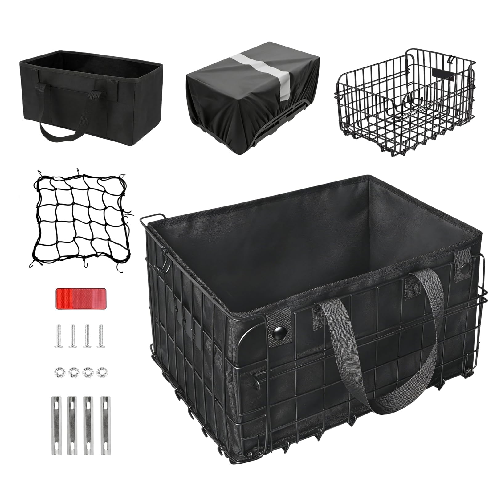 W&H Panier de vélo arrière pliable avec sac intérieur imperméable amovible, filet à bagages, housse étanche, bandes réfléchissantes