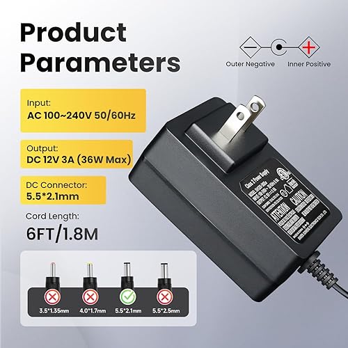 Miniatura 2 de Adaptador de fuente de alimentación de 12 V 3 A CA CC con adaptador de conmutación, barril de CC Cable de respaldo de repuesto de 6 pies para tira