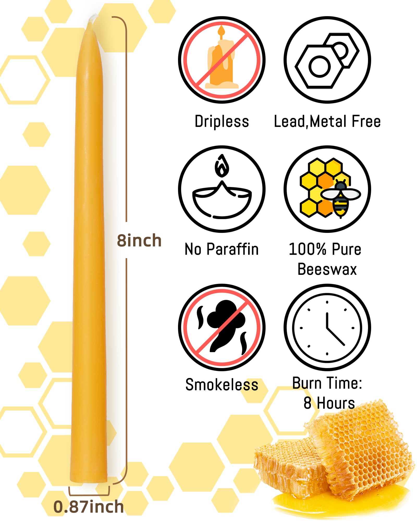 Juego de 6 velas cónicas de cera de abeja natural de 8 pulgadas, sin perfume, sin goteo, sin humo, largas y altas, para decoración del hogar, cena