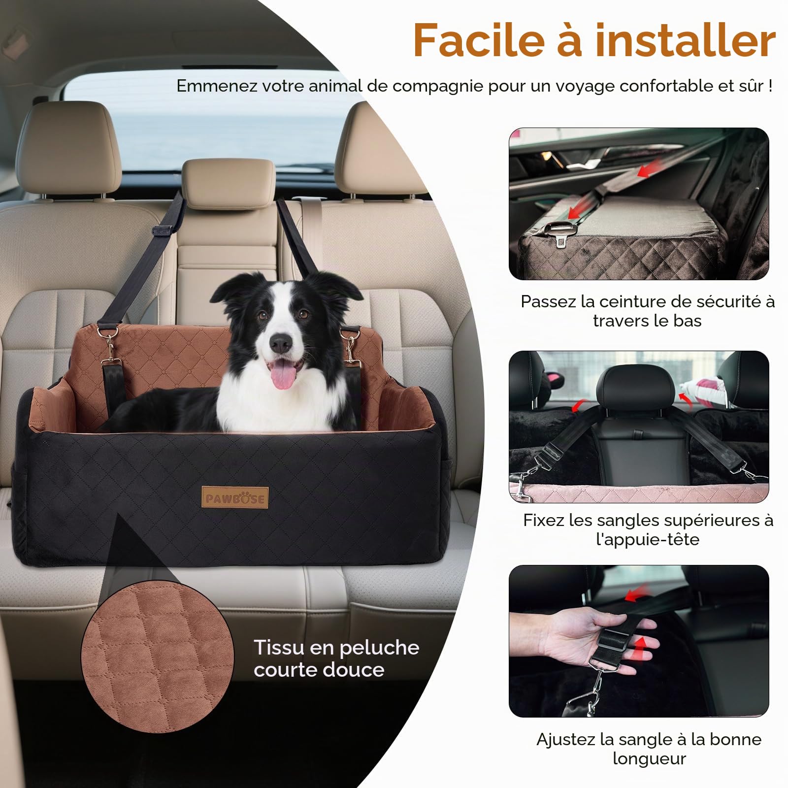 PAWBOSE Siège auto pour chien de taille moyenne/grande de moins de 25 kg ou 2 petits chiens, rembourrage en tissu doux, rembourrage en mousse à mémoire de forme, siège de voiture confortable amovible