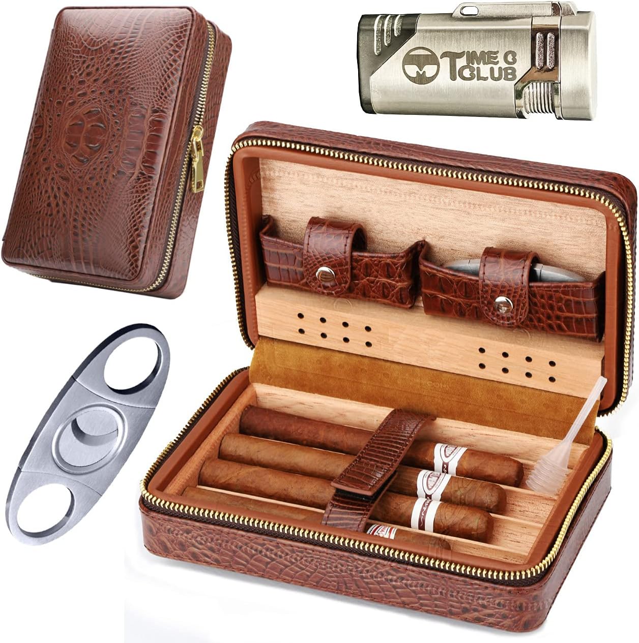 M Time C club 4-Finger Cigar Case, Cigar Humidor Portable Travel Crocodile Skin-Style Burgundy Leather Cigar Case Humidifier，Birthday, Anniversary, Retirement, Father's Day