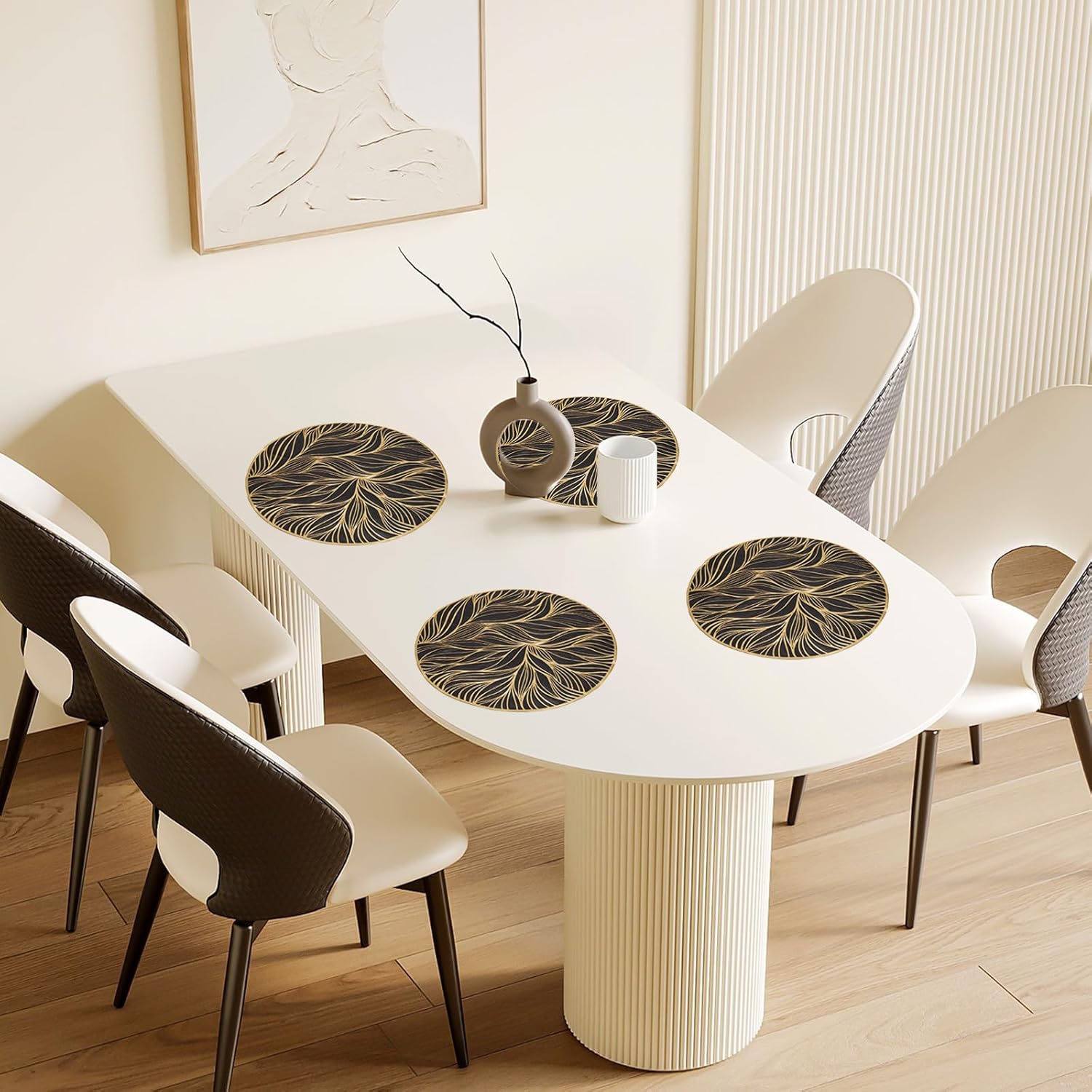 uxcell Gold Black Round Seaweed Shaped Placemats Set of 8 for Dinner Tables, Metallic Polyvinyl Pressed Placemats Washable Table Mats for Dinner Table Decor (15" x 15"/38 x 38cm)