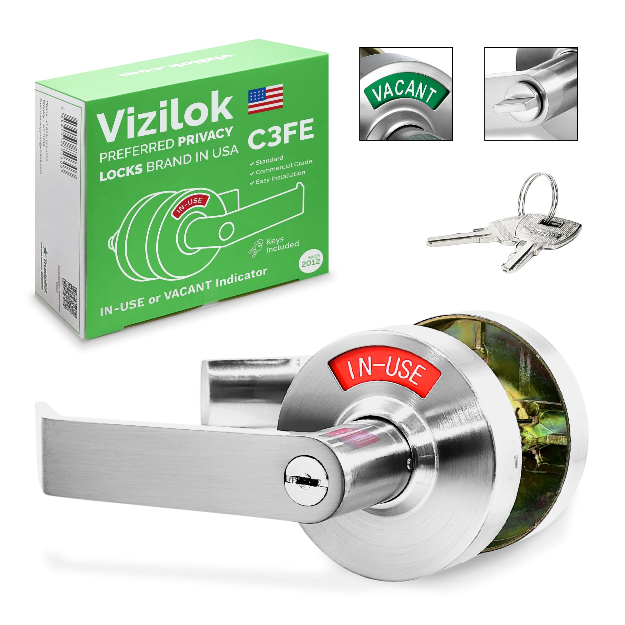 VIZILOK Privacy Indicator Lock with Keys C3FE, Satin Chrome, Large In-Use or Vacant Indicator, Durable ANSI GRADE 2 Comp, Perfect for Public Restrooms