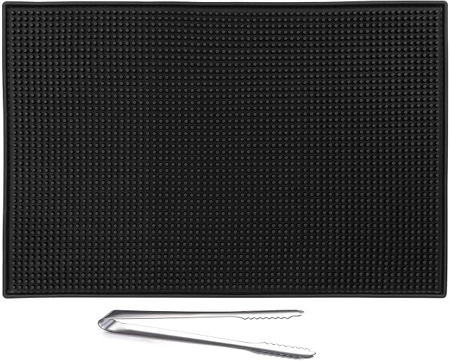 Bar Mat, Non Slip Rubber Bar Service Mat 12 * 18 Inch Durable Heat-Resistant Spill Mat For Beer Whiskey Glass Coffee Home Kitchen Restaurant Countertops Wine Tea Coaster With 1 Ice Clip.