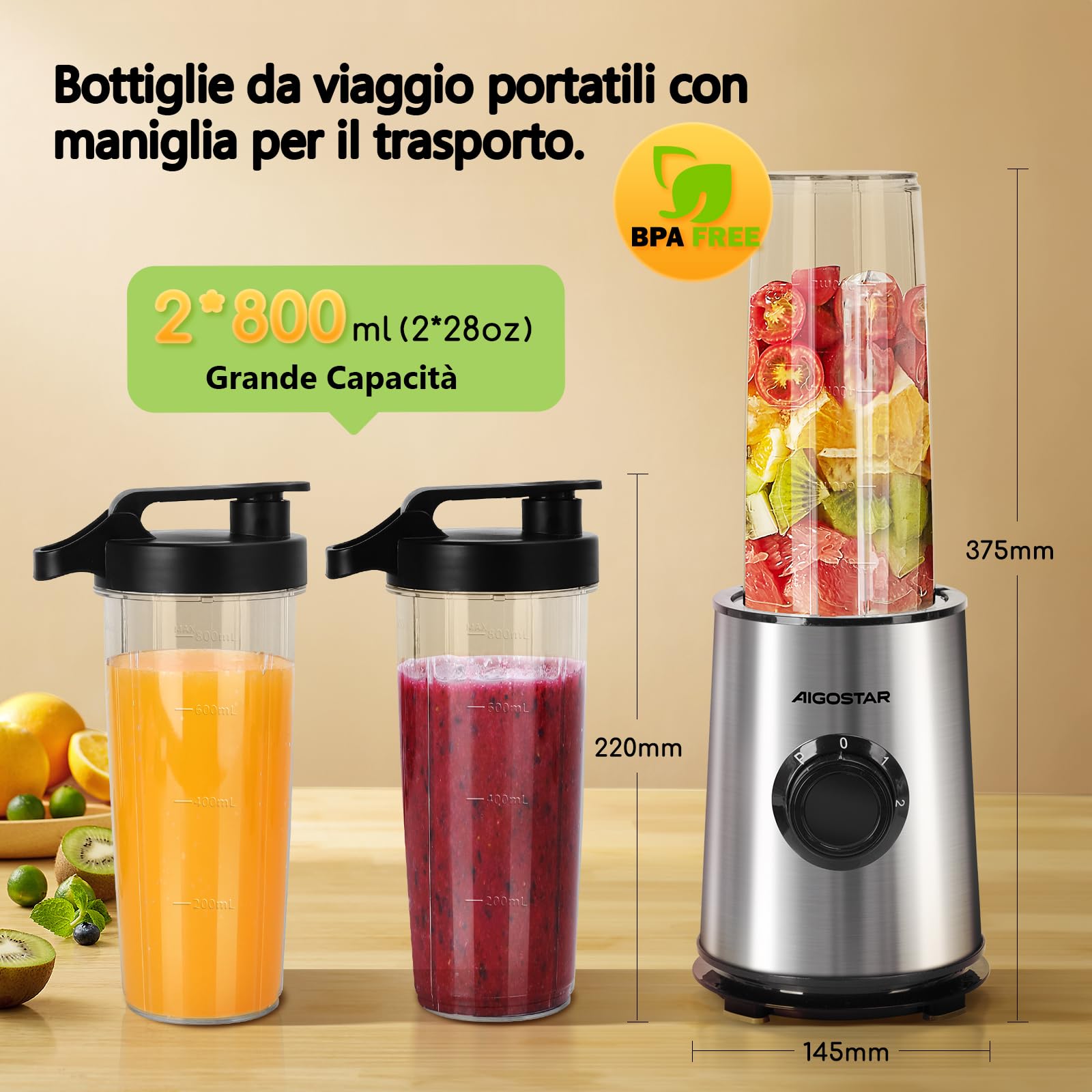 Aigostar Frullatore Portatile, Frullatore Elettrico con borraccia da 2 * 800ml BPA FREE, 2 Velocità e Pulse, 4 Lame Inox, 600W, per Frullati, Trita Ghiaccio e Frutta Congelata. Nero, Baron.