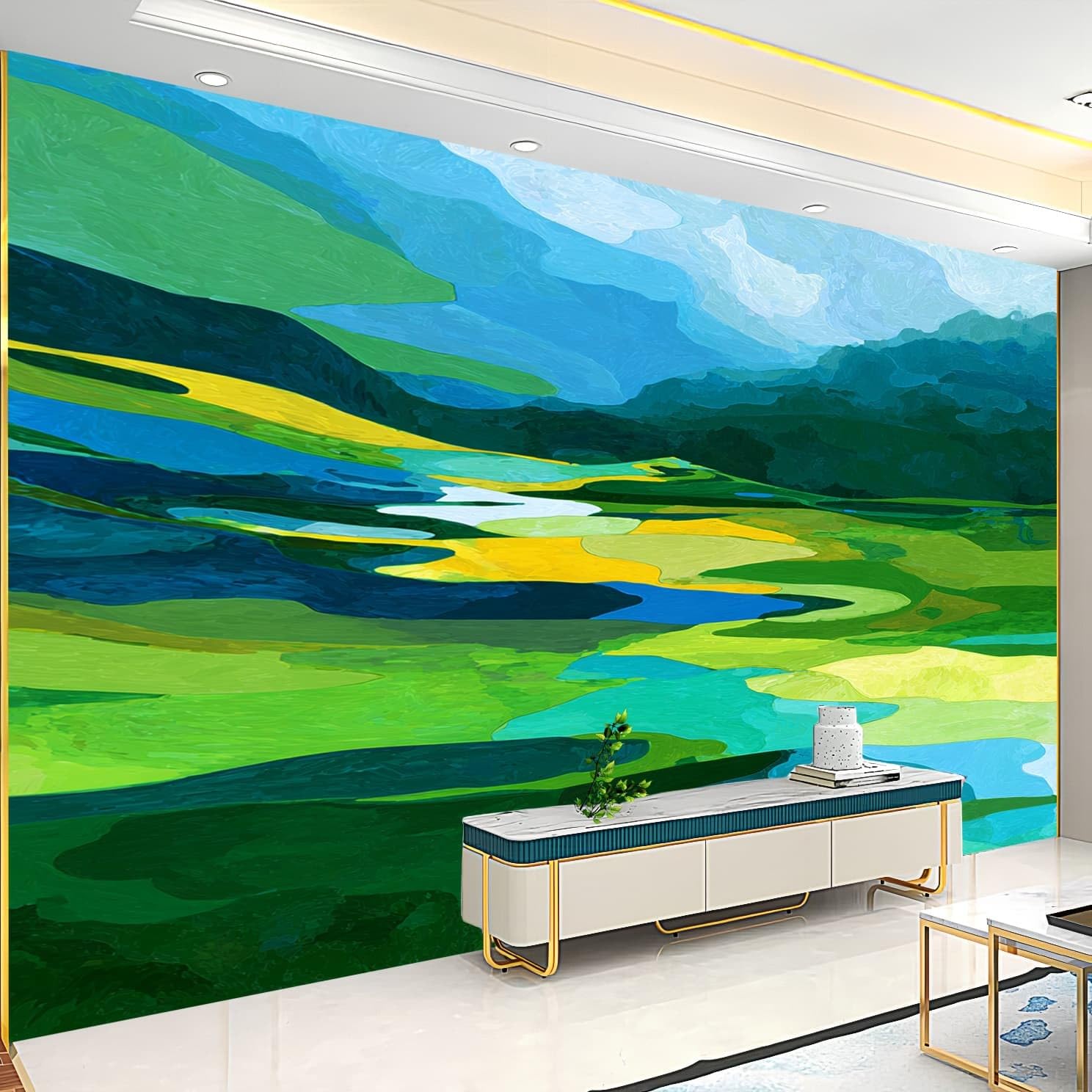 Carta Da Parati Artistico Fotomurale Pittura di Paesaggio Astratto Poster Gigante Da Parete Per Camera Da Letto, Soggiorno,Corridoio Verde Decorazione D'interni Murale 350x256 cm