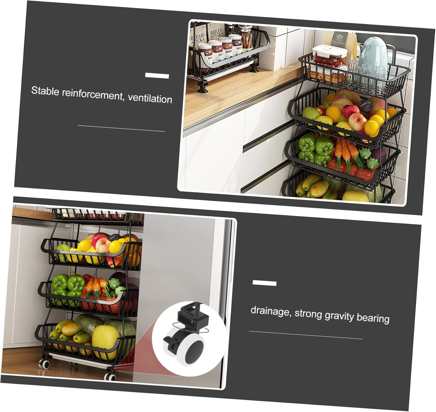 1set Three Kitchen Storage Versatile Rolling Utility Rack for Fruits Vegetables and Spices Easy to Assemble Wheels