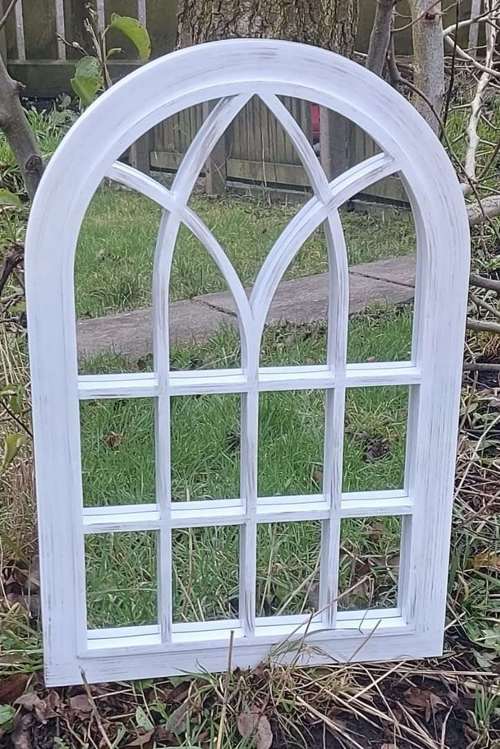 FA9 WHITE WINDOW ARCH INDOOR/OUTDOOR GARDEN MIRROR PLASTIC ELEGANT VINTAGE STYLE LIGHT WEIGHT DURABLE FRAME ORNAMENT WALL MIRROR, 50x76cm