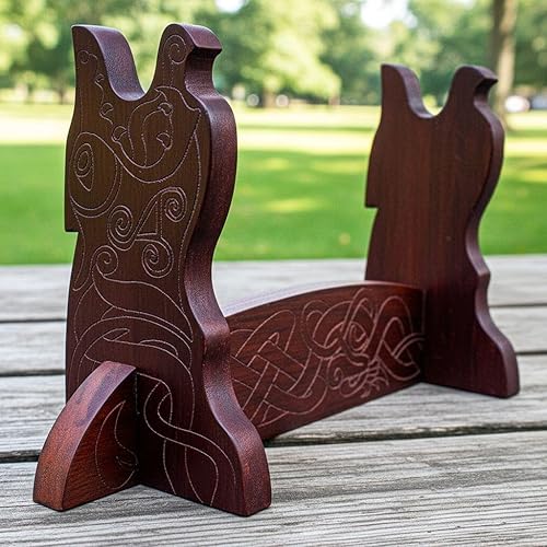 Miniatura 5 de Espada de un solo nivel hecha a mano de madera maciza auténtica, soporte para hacha con diseño de serpiente vikinga grabada, 17 x 8 pulgadas