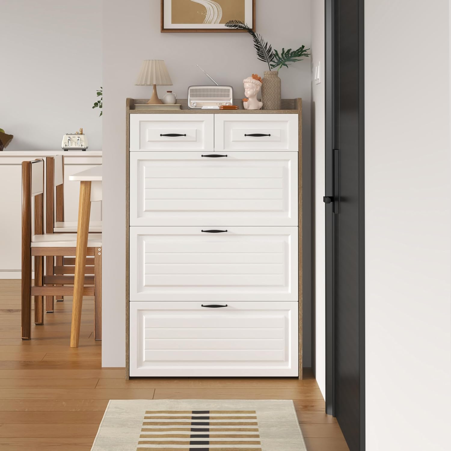 Shoe Cabinet with 3 Doors 2 Drawers, Wooden Narrow Shoe Storage Cabinet for Entryway, 3 Tier Freestanding Shoe Rack, Modern Slim Shoe Organizer for Entryway Hallway Living Room White +Oak