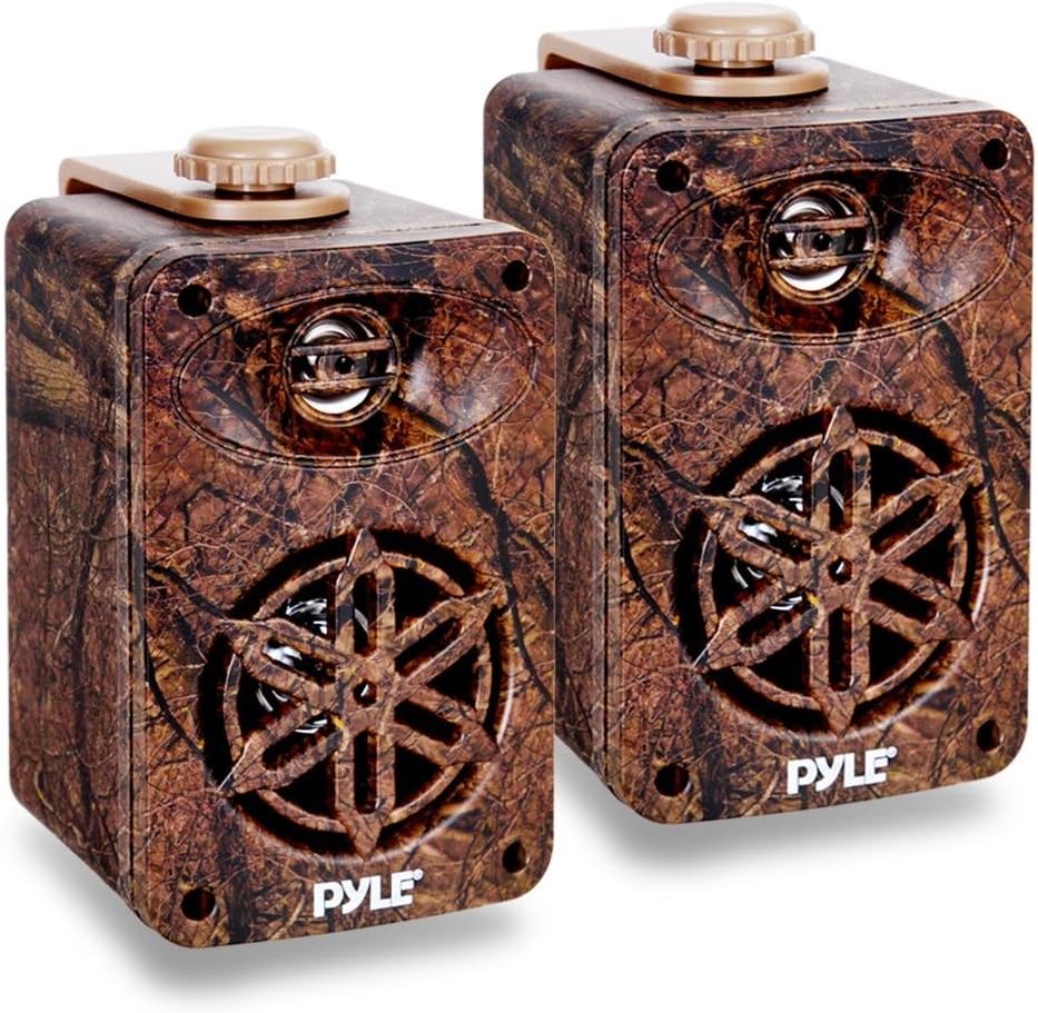 Pyle Dual Waterproof Outdoor Speaker System - 3.5 Inch Pair 3-Way Weatherproof Wall/Ceiling Mounted Camo Style Mini Dual Speakers w/Heavy Duty Grill, Universal Mount, Patio, Indoor Use PLMR24DK