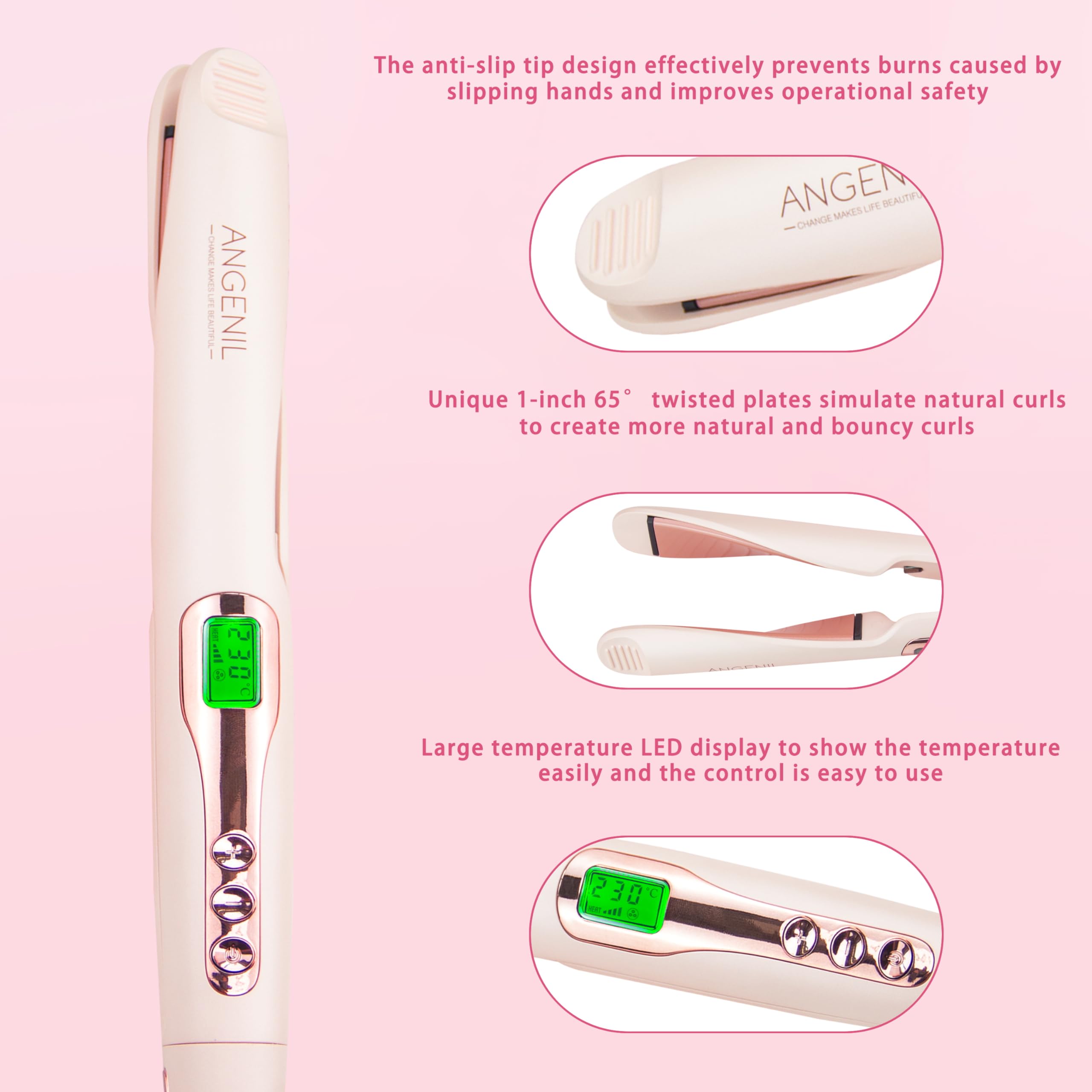 ANGENIL Lisseur Ceramic Twist pour femmes, lisseur et fer à boucler 2 en 1 pour lisser, boucler, onduler, fer à lisser rond rose double tension avec tapis en silicone résistant à la chaleur
