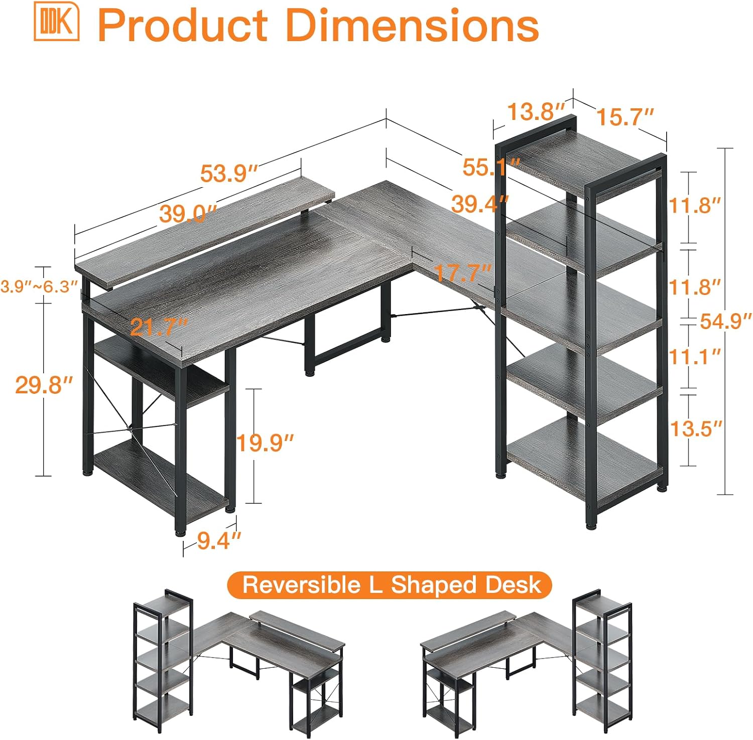 Detailed diagram of the ODK L-Shaped Desk showing all dimensions in inches, including desk depth, width, height, and shelf dimensions.
