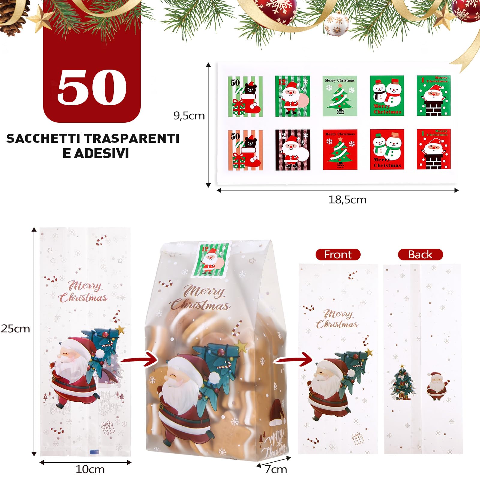 100Pz Sacchetti Regalo Natale Cellophane Sacchetti Caramelle