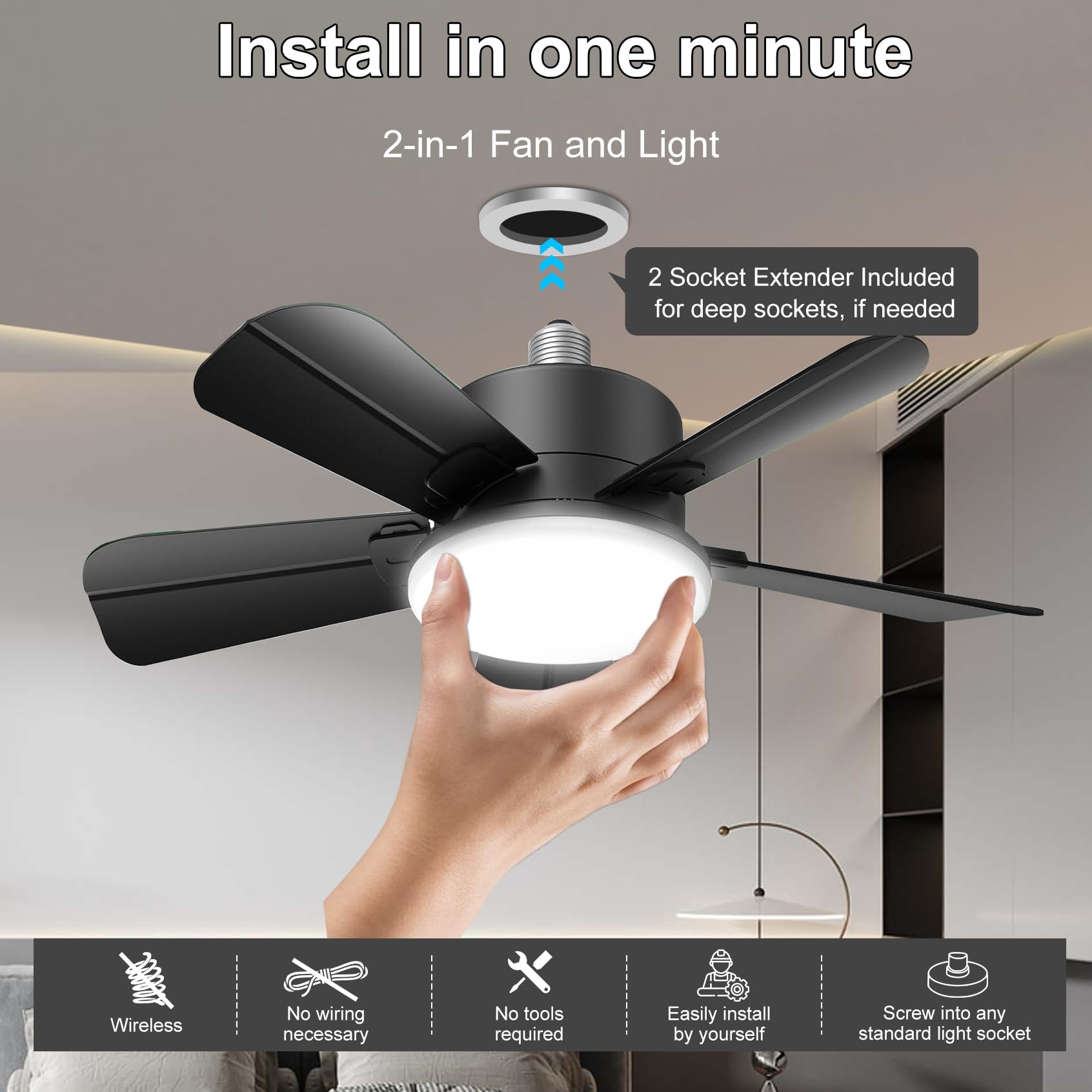 Socket Ceiling Fans with Lights and Remote, Fits E27/B22 Socket Fan light 2000LM Dim,Ceiling Fan with 900PRM - Image 3