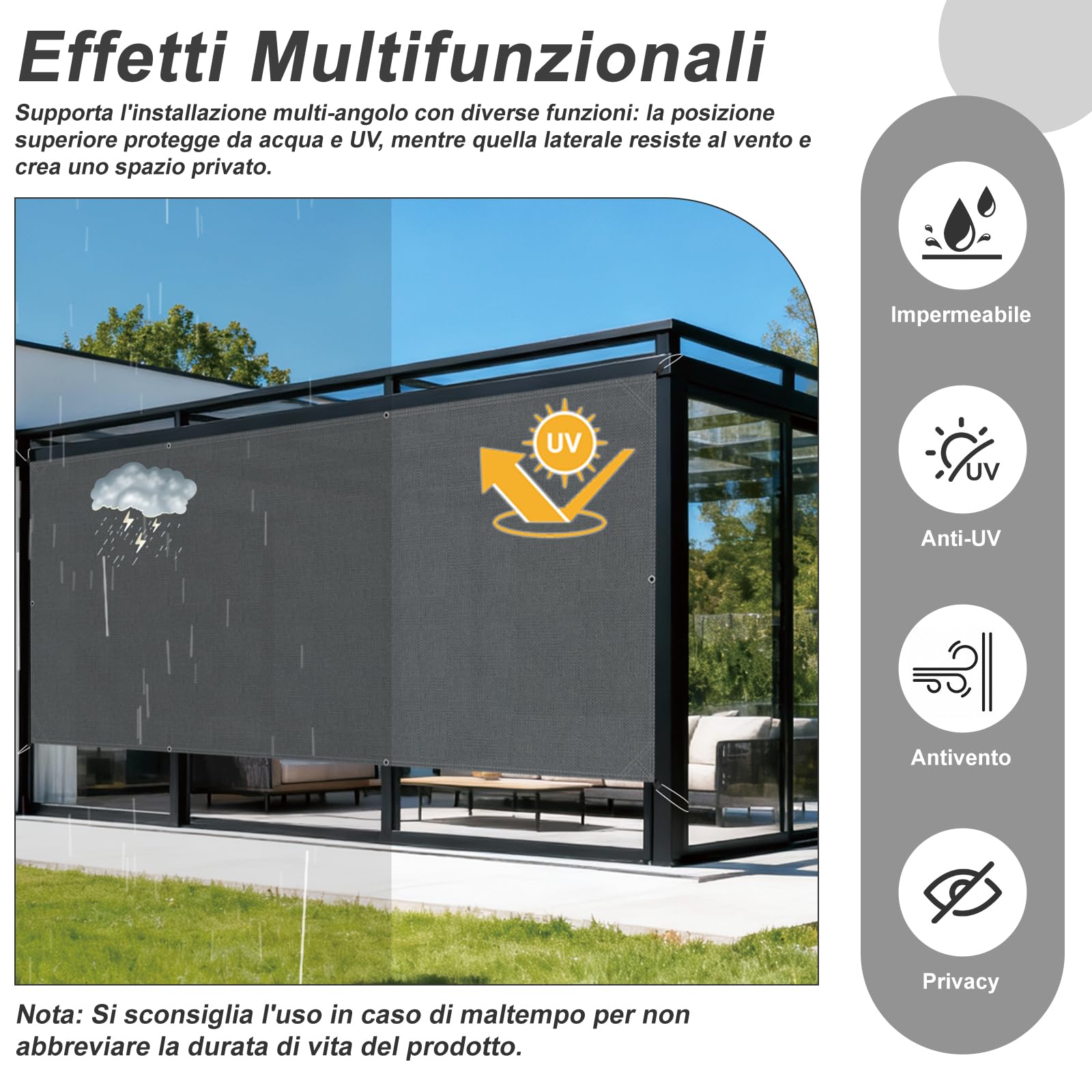 Tenda da Sole Impermeabile 1,5x2m Rettangolare Protezione UV 95% Vela Ombreggiante per Esterno Giardino Terrazza Pergola Antracite
