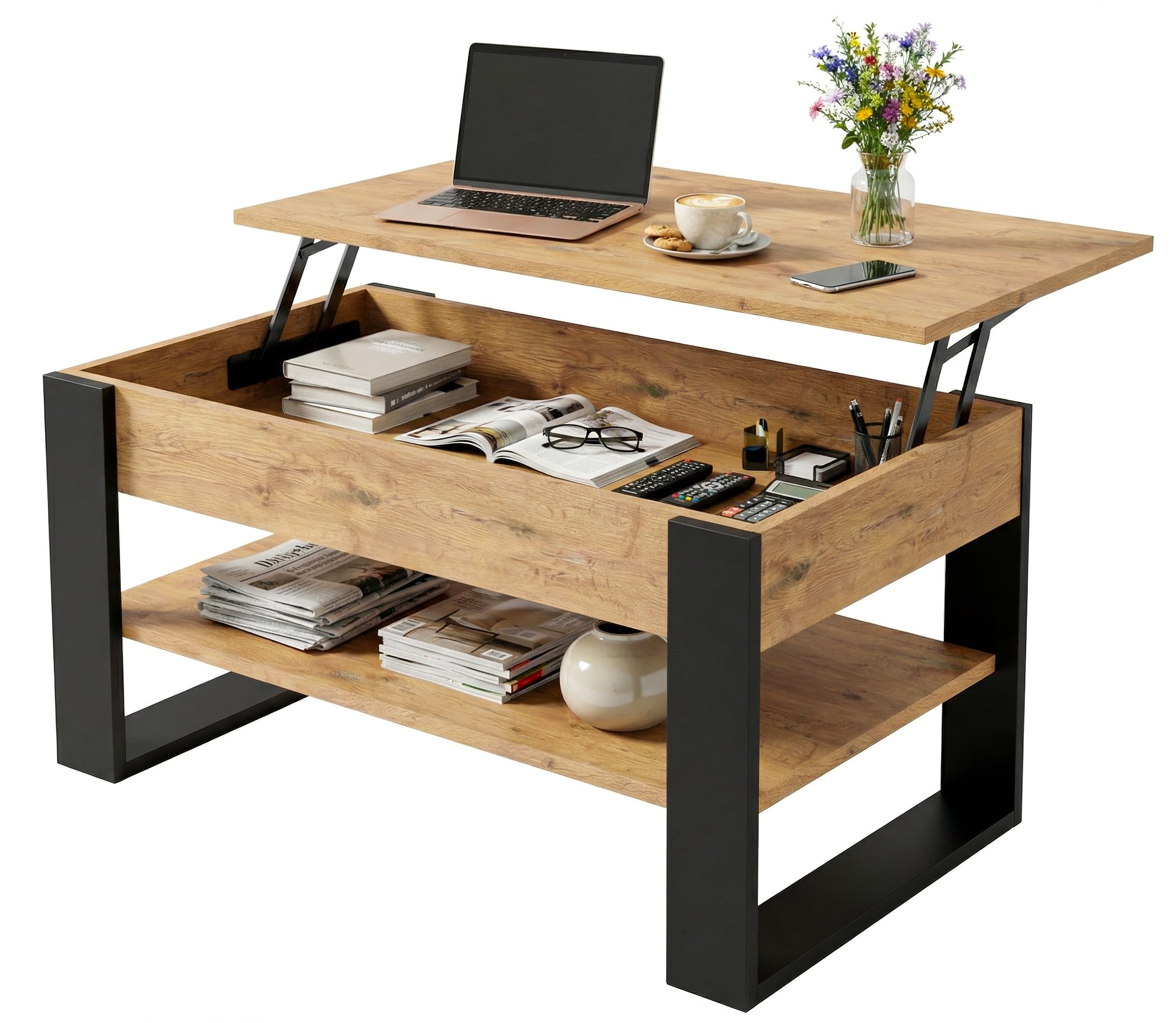 Mesa de Centro elevable | Mesa de salón Regulable con Almacenamiento | Roble Lancelot Negro con Estante y Compartimento Oculto