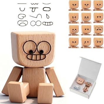 Shaking Wooden Man Figurine,Handmade Shaking Feet Wooden Doll With 12pcs Expressions,Charming Little Wood Figure,Car Dashboard Accessories & Desk Decor, Creative Gift For Drivers Friends & Office Fun