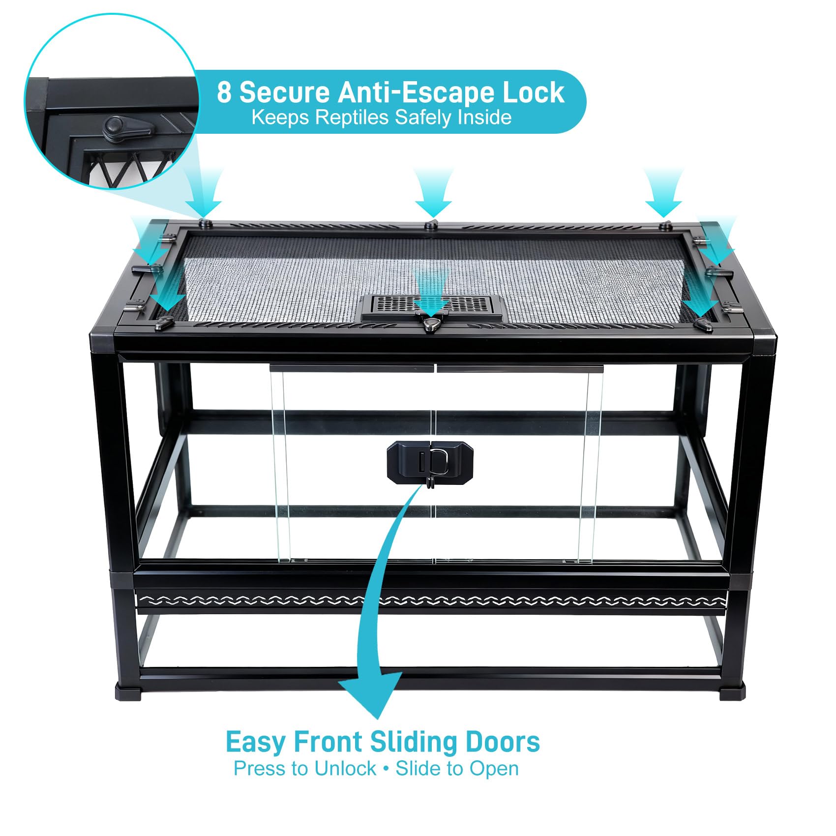 Terrario de cristal para reptiles de 22 x 14 x 12 pulgadas, tanque de apertura frontal con parte superior de malla, fácil montaje para pequeños reptiles, gecos, lagartos, serpientes, tortugas y más
