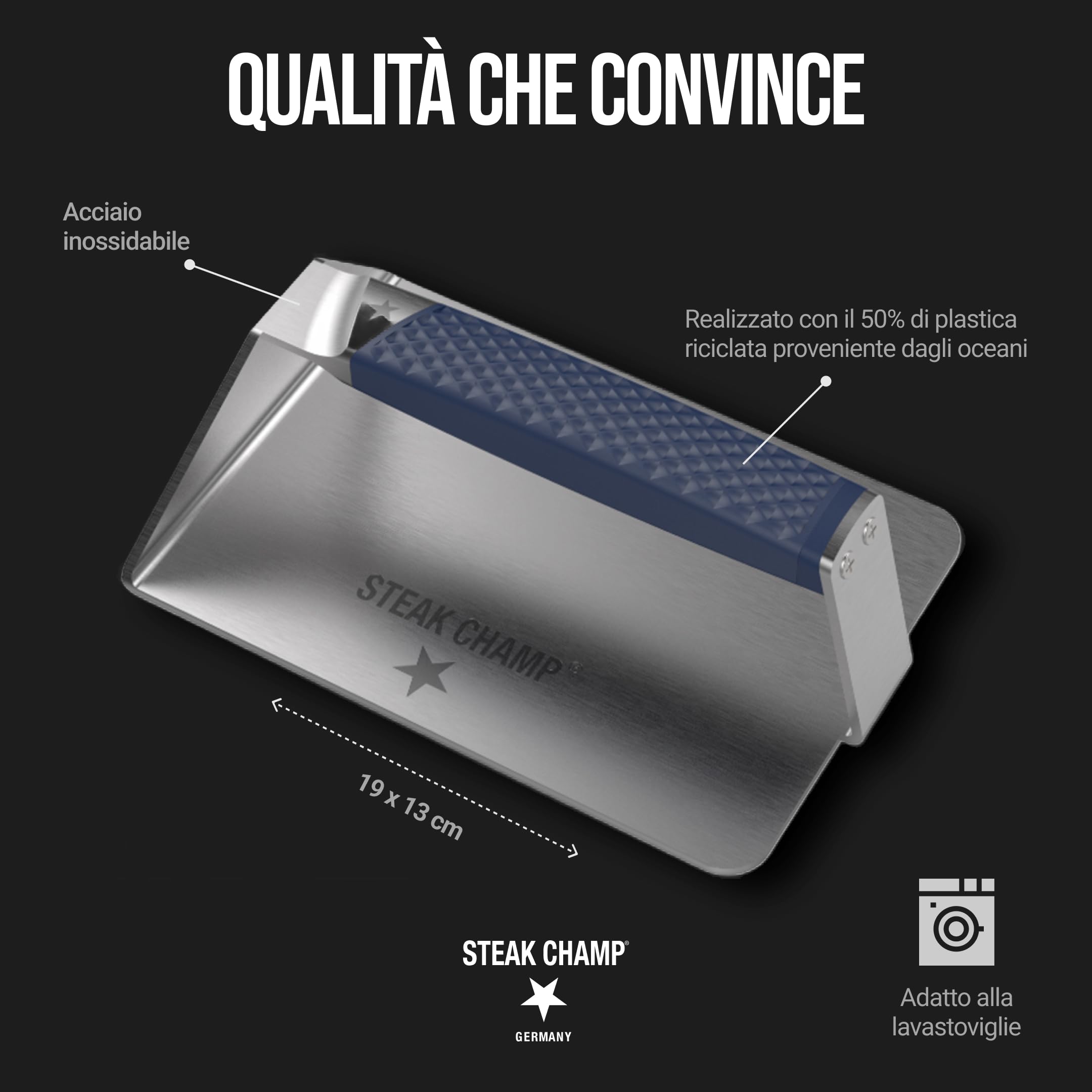 Steakchamp Burger & Steak Pressa XXL: Pressa per Grill e Hamburger per croste croccanti, Pesi per Sandwich e Carne, con Manico Antiscivolo