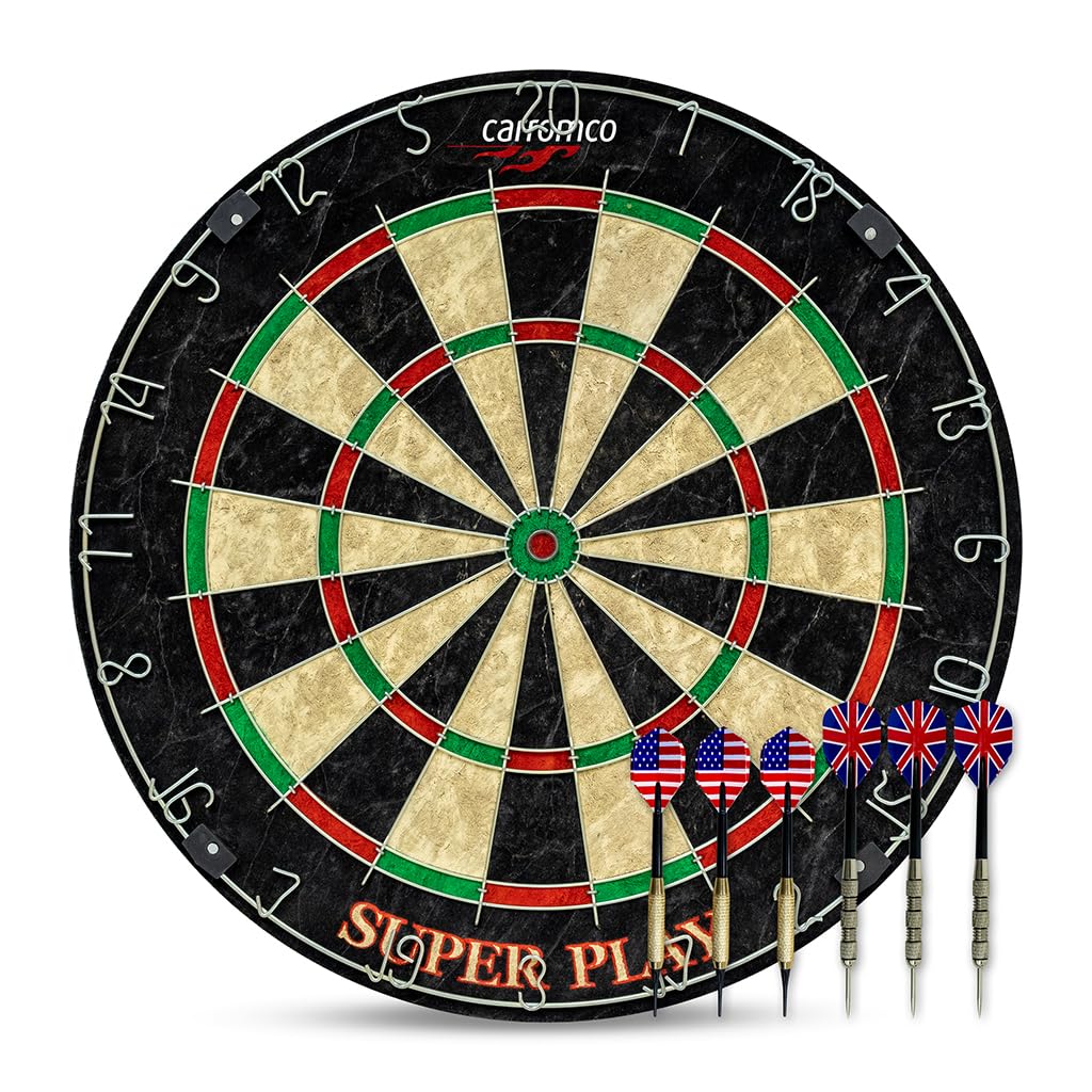Carromco Cible Superplay en sisal Taille Tournoi avec 3 fléchettes en Acier et 3 fléchettes Souples, Anneau numéroté métallique Robuste