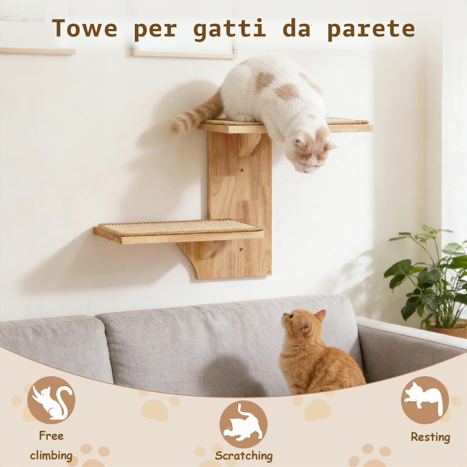 Mensole da Parete Percorso da Muro per Gatti con 2 Piattaforme, Parete da Arrampicata e Mensole da Parete per Gatti in Legno Massello, Tappetini in Sisal per Appartamenti Piccoli