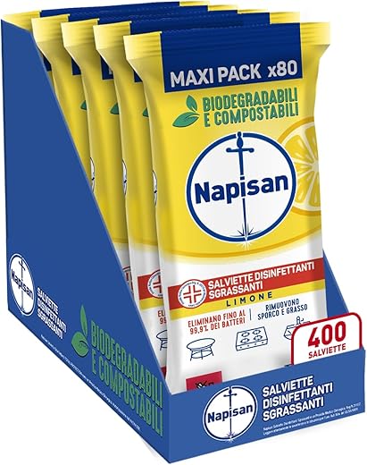 Napisan Salviette Disinfettanti Sgrassanti al Limone, Confezione da 5 Pacchi x 80 Salviette Disinfettanti Biodegradabili e Compostabili Multisuperfici