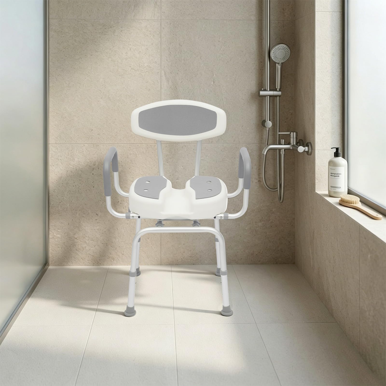 Silla de ducha giratoria de 360° a 136 kg, asiento de ducha ajustable de 45,5 a 56 cm con reposabrazos, respaldo de aluminio, almohadillas EVA, soporte para alcachofa de ducha, antideslizante, para
