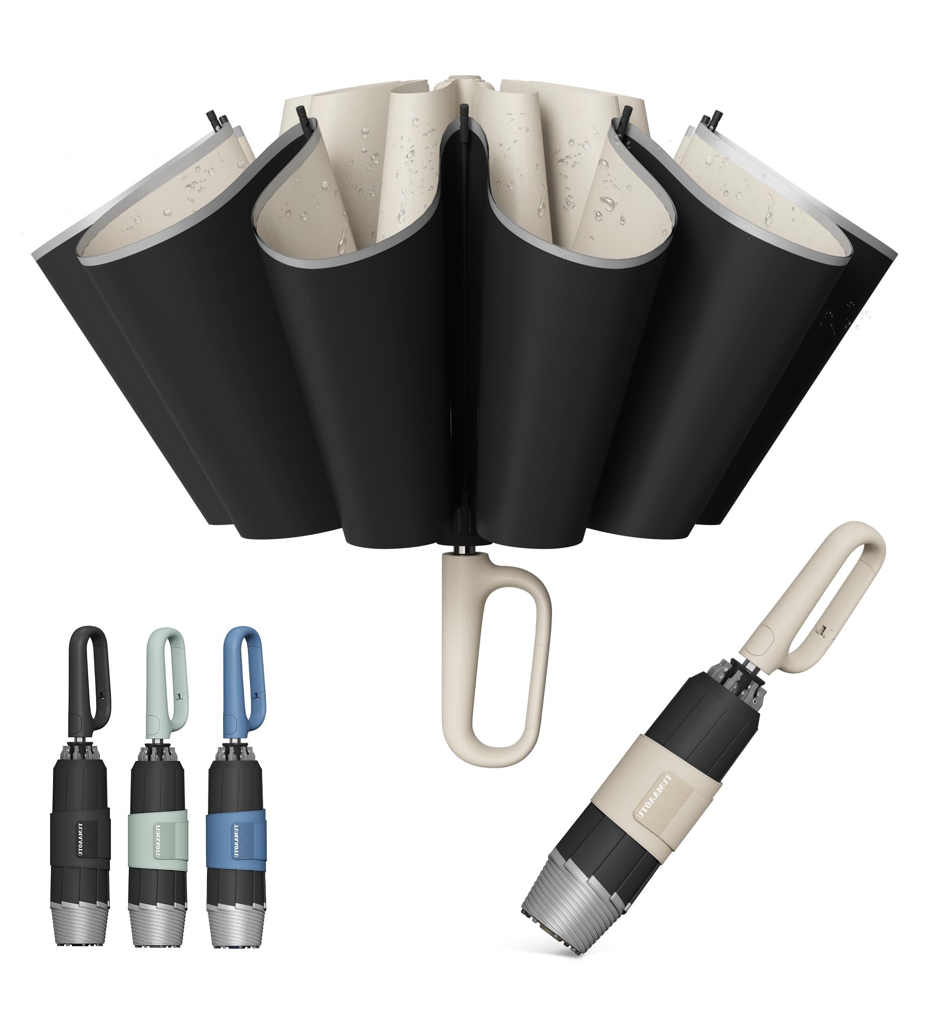 QWB TUMAAOTU Inverted Umbrella with Carabiner Handle, Compact Wind Proof Umbrellas For Rain and Sun Protection, Portable Reverse Folding Umbrella, Car Umbrella for Women Men, 10 Ribs, UV-Beige, 46 IN