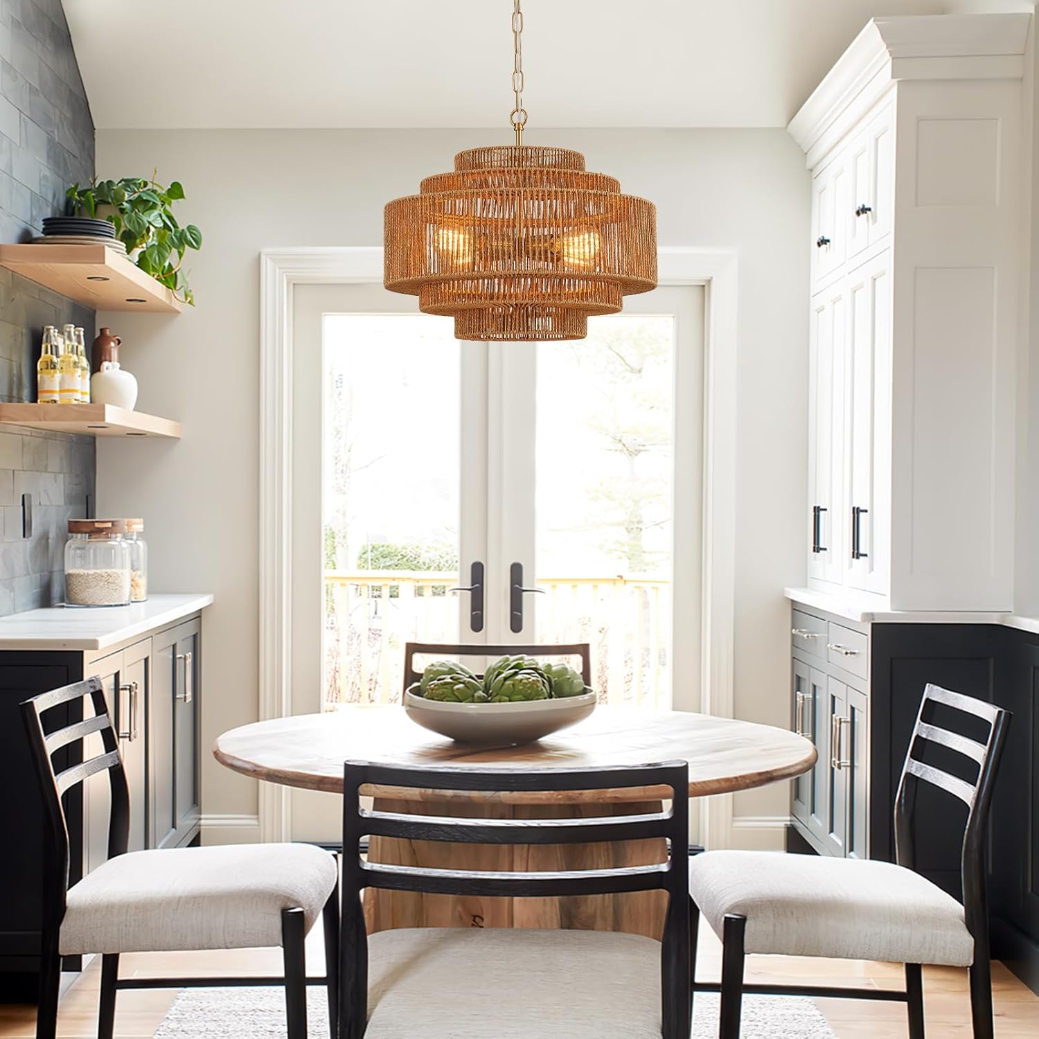 Hand-Woven Rattan Chandelier Dining Room Boho Chandelier 20in Bamboo Farmhouse Chandeliers 4-Light Vintage Light Fixtures Golden Chandeliers for Kitchen Island, Living Room, Bedroom