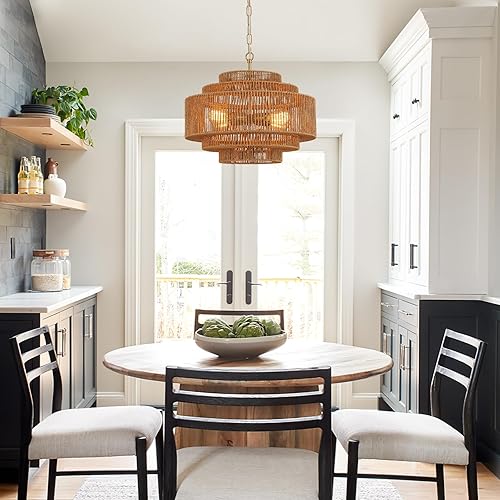 Miniatura 8 de Candelabro de ratán tejido a mano para comedor, estilo bohemio, de bambú de 20 pulgadas, 4 luces, vintage, lámparas doradas para isla de cocina,