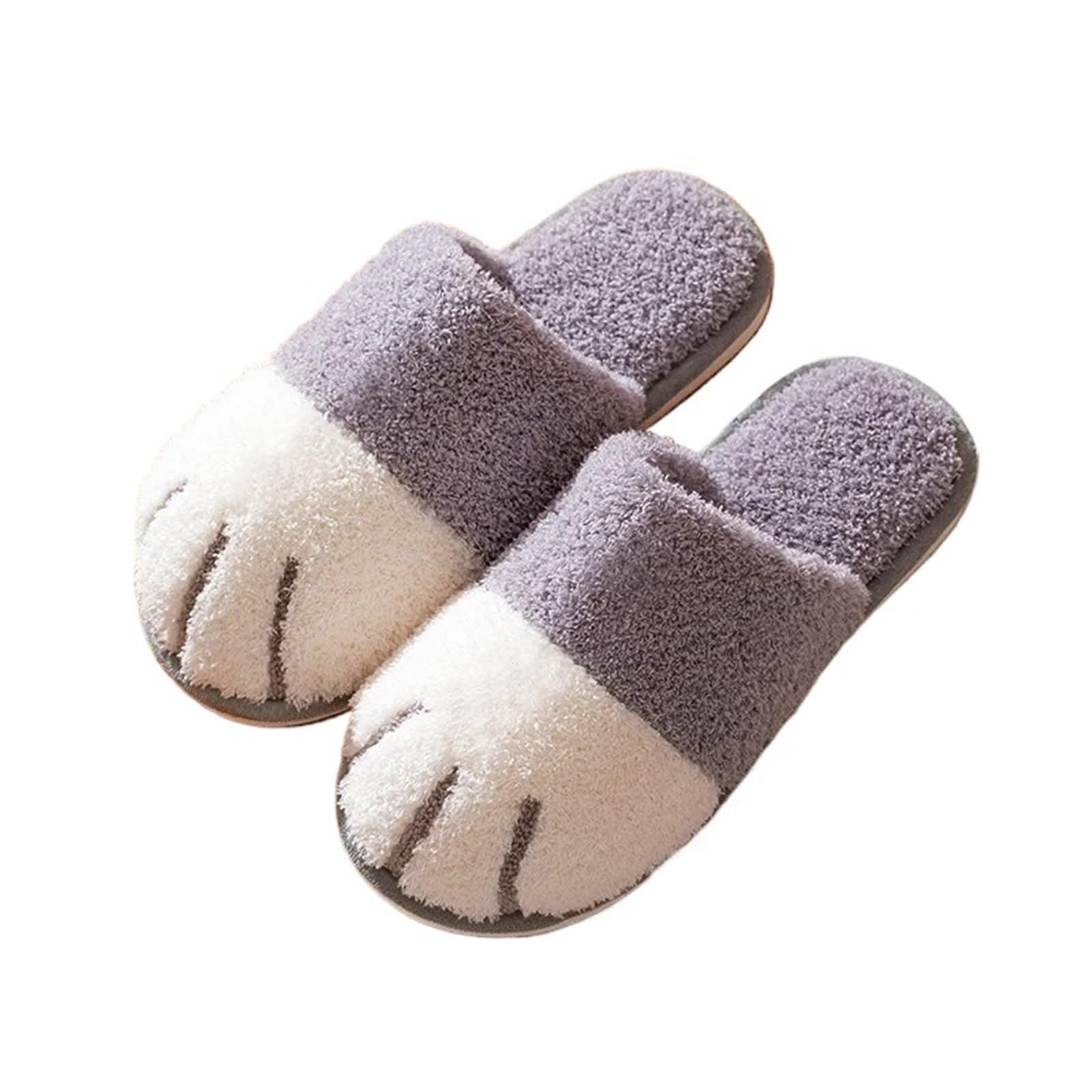 ERHTGUO Cat Paw Warm Slippers For Women Winter Plush House Cute Couple Indoor Bedroom Fuzzy Shoes(Grey,42-43)