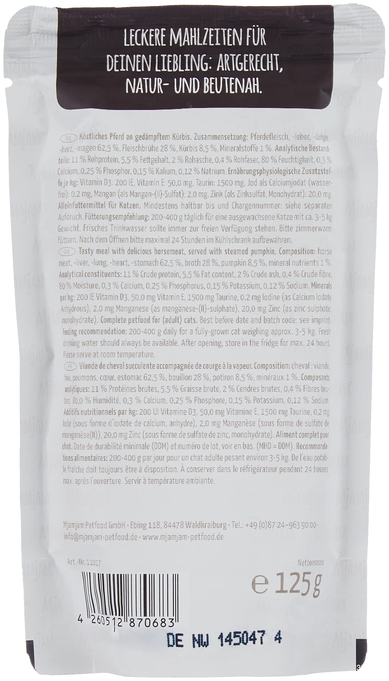 MjAMjAM - Premium Nassfutter für Katzen - Quetschie - köstliches Pferd an gedämpftem Kürbis (12 x 125 g) & Premium Nassfutter für Katzen - Quetschie - saftiges Huhn an leckeren Möhrchen (12 x 125 g)
