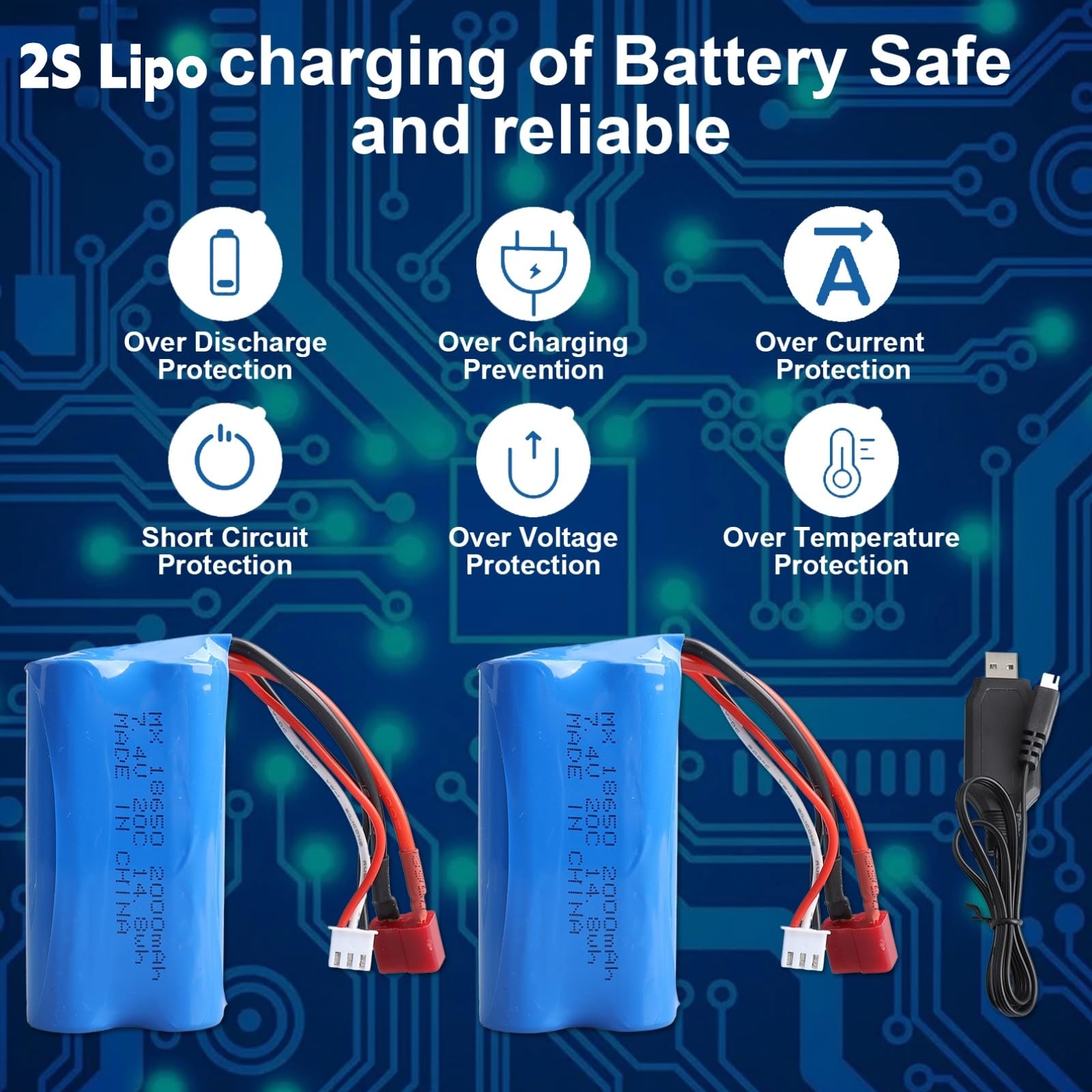 Batería RC 2S de 7,4V 2000 mAh de Iones de Litio con Conector JST, Batería Lipo 2S con Cargador USB para Helicópteros, Coches, Camiones y Barcos RC