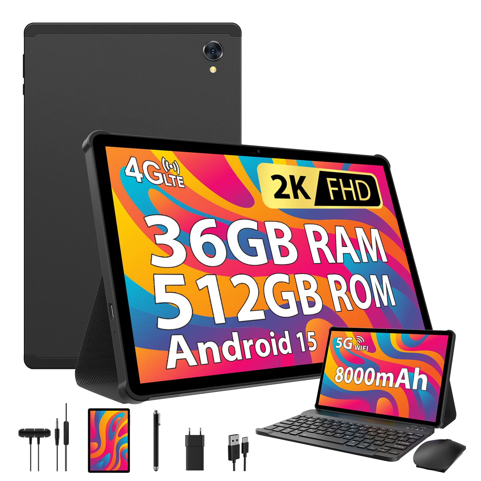 PIXPEAK Tablet 10.6 Pollici Android 15, 4G SIM Lte & 5G WiFi, 36GB RAM, 512GB ROM (TF 1TB), 2000*1200, Widevine L1, 13+8MP, GPS, Octa-Core, Tablet in offerta con tastiera|Mouse|Custodia|Cuffie (Nero)