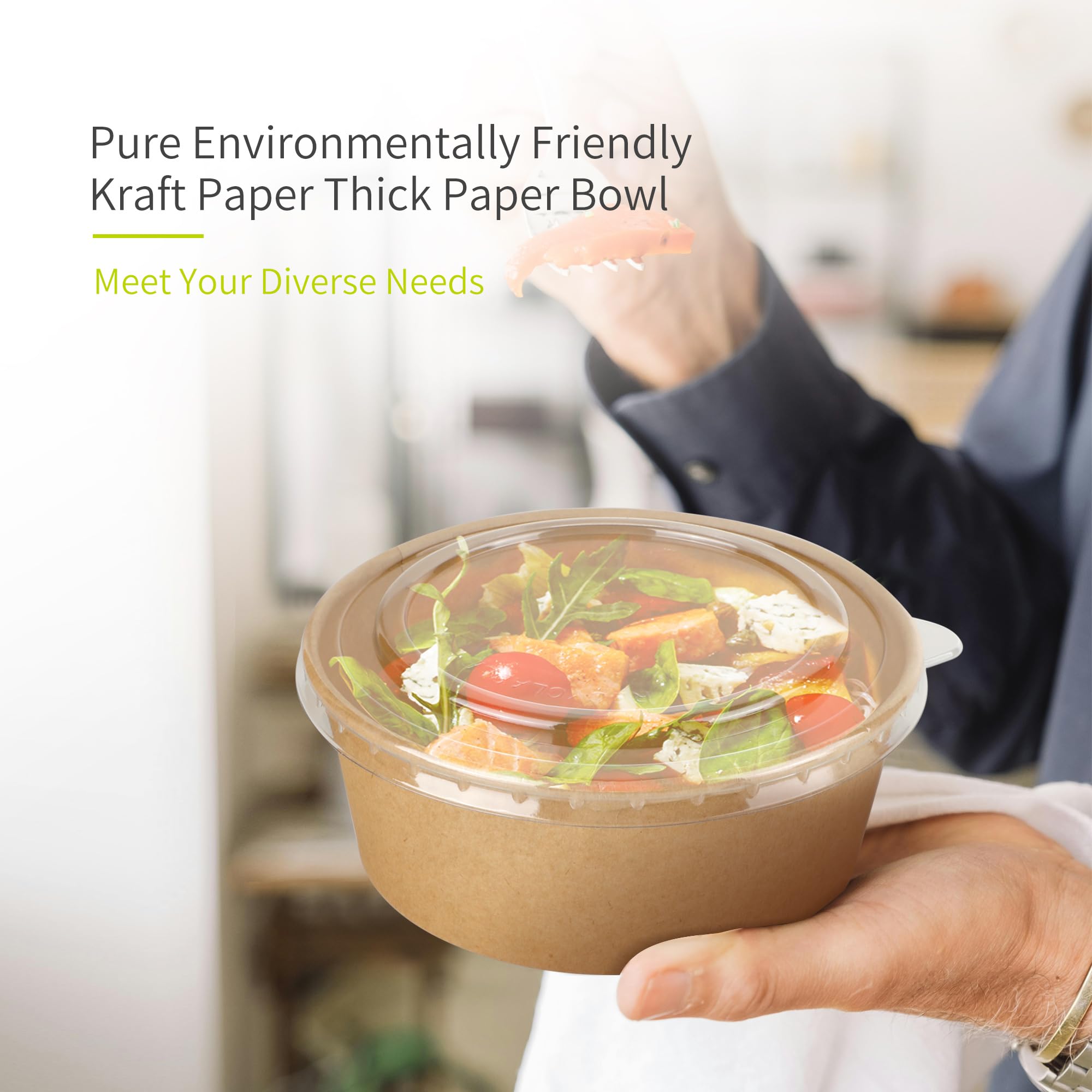 Paquete de 50 cuencos de papel de 25 onzas con tapas, cuencos desechables para sopa, cuencos de ensalada resistentes, en papel kraft de grado alimenticio, ecológicos, duraderos, sin fugas, para