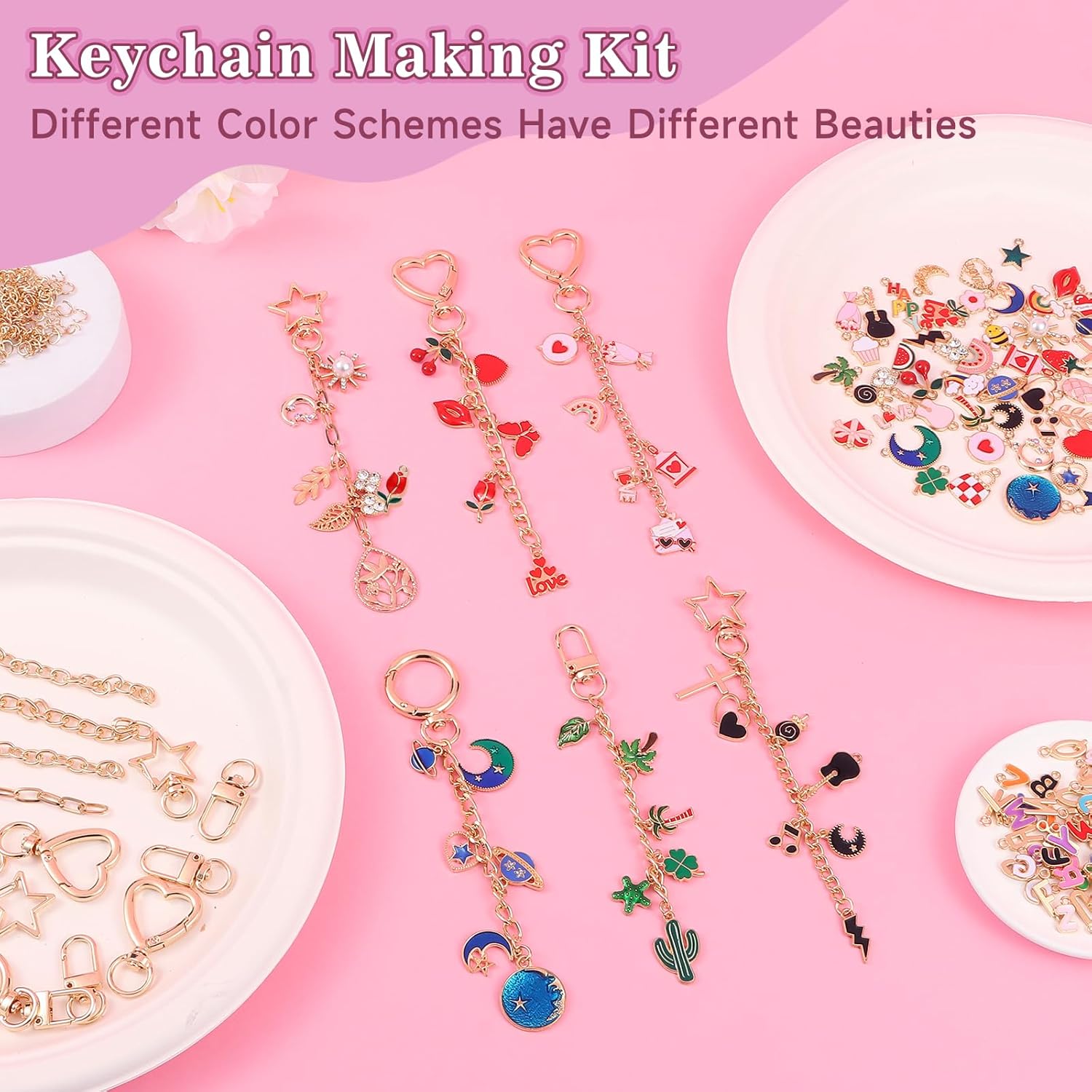 Riwiuue 350Pcs Lip Gloss Keychain Making Kit, DIY Charms Key Chain Making Kit with Bag Charm Supplies, Pendant, Jump Ring, Crab Clip, Pliers, Gift Bag and Tools, Valentine's Day Gift - Image 5