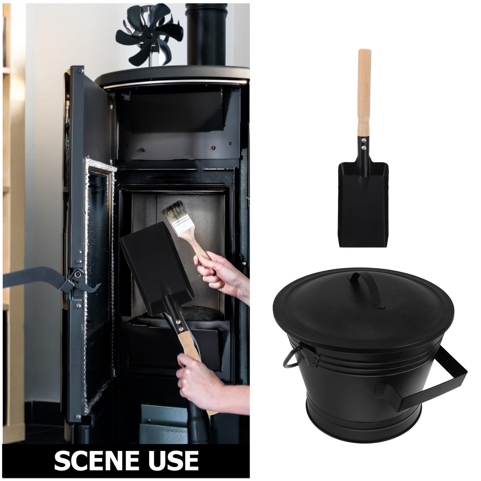 Secchio per Cenere con Coperchio in Ferro, Set 1 Nero | Manico in Legno Antiscivolo, Paletta per Cenere Inclusa, Resistente alla Ruggine