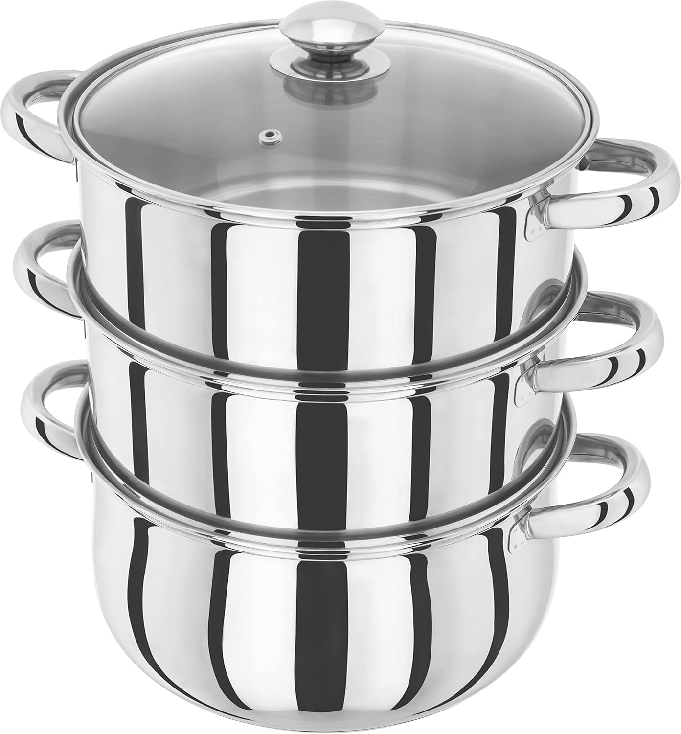 Judge Essentials HX02 Stainless Steel 3 Tier Steamer 18cm, Vented Glass Lid, Integral Casserole Pot, Oven Safe, Induction Ready, 25 Year Guarantee