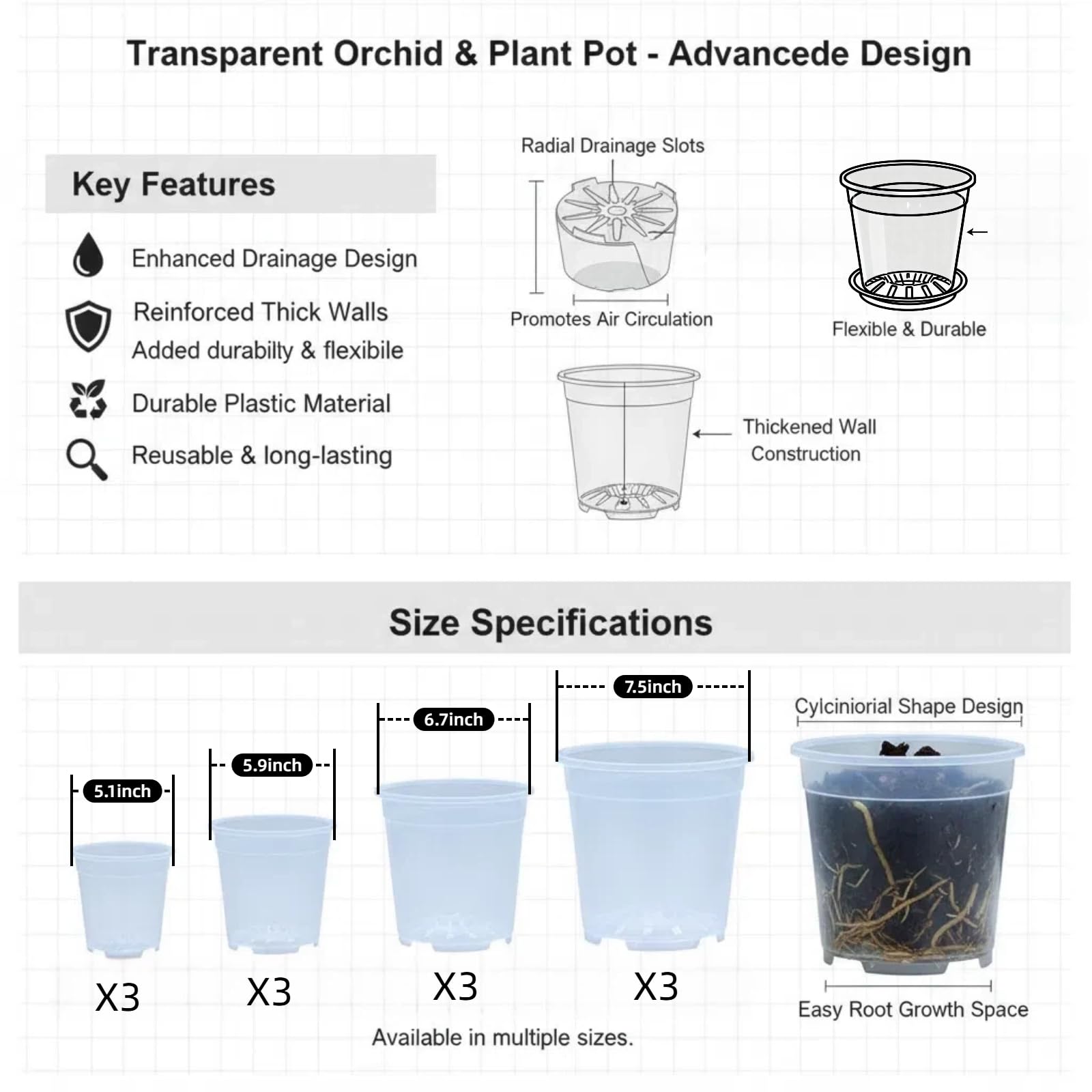 Lot de 12 pots de fleurs transparents extra épais de 13 cm, 15 cm, 17 cm, 19 cm avec plateaux et trous de drainage, adaptés pour l'élevage de semis et la plantation horticole