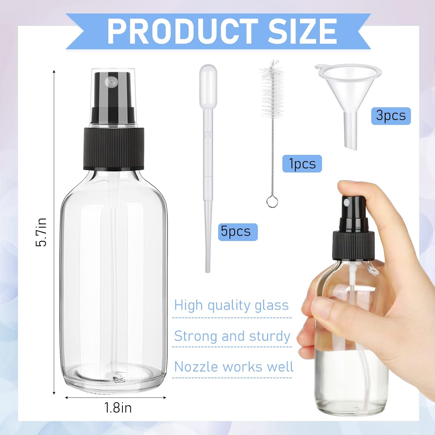 Yungyan 100 Pcs 4 oz Mini Glass Spray Bottles Empty Small Essential Oil Bottles Fine Mist with 3 Funnel 5 Dropper Cleaning Brush for Hair Travel Plants Perfumes(Clear)