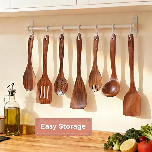 Miniatura 5 de Cucharas de madera para cocinar, juego de 7 utensilios de cocina de madera, juego de utensilios de madera de teca natural suave, utensilios de
